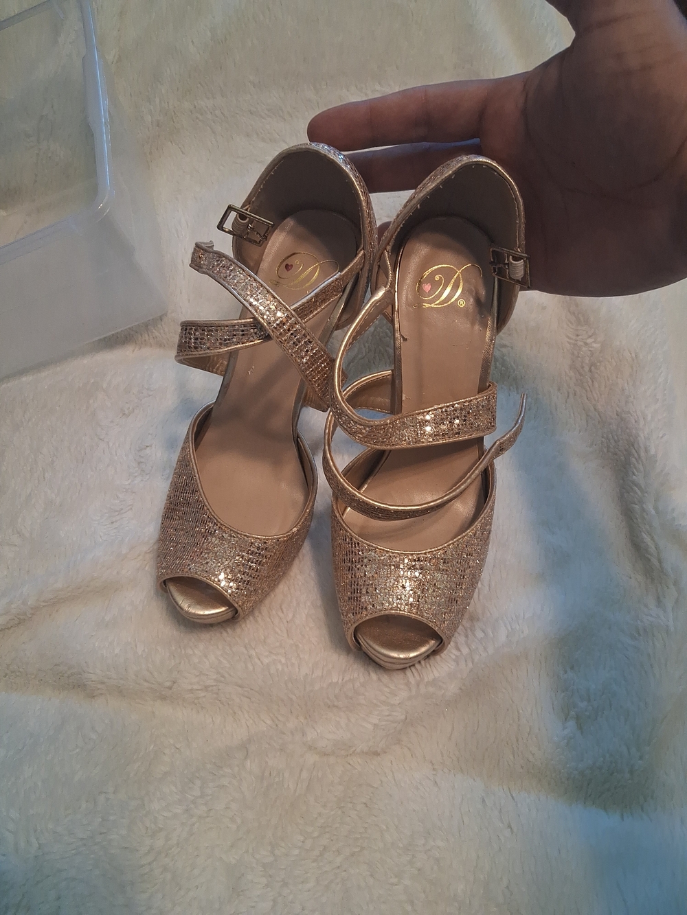 Sparkling Rose Gold Peep-Toe Heels with Crisscross Straps Size 6